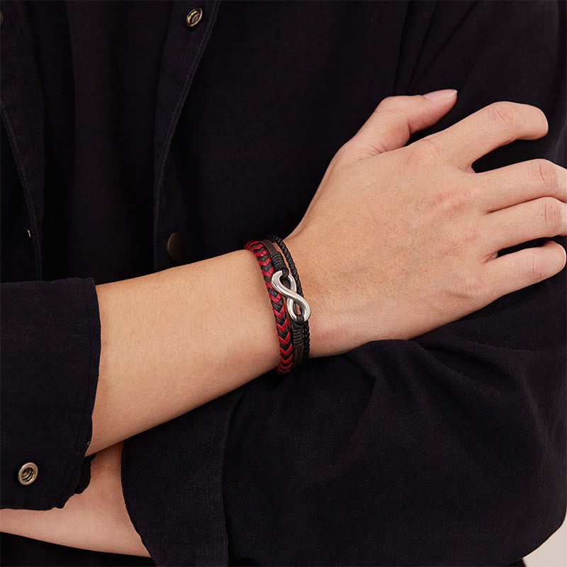 Fortune Jewel Infinitely Design Titanium Steel Braided Three-layer Leather Balance Bracelet - Fortune Jewel