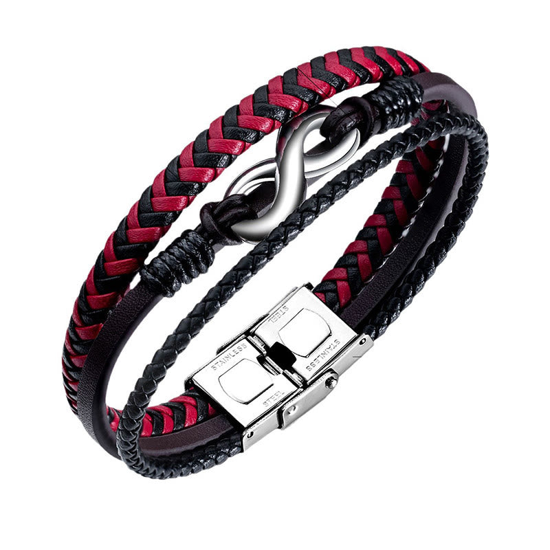 Fortune Jewel Infinitely Design Titanium Steel Braided Three-layer Leather Balance Bracelet - Fortune Jewel