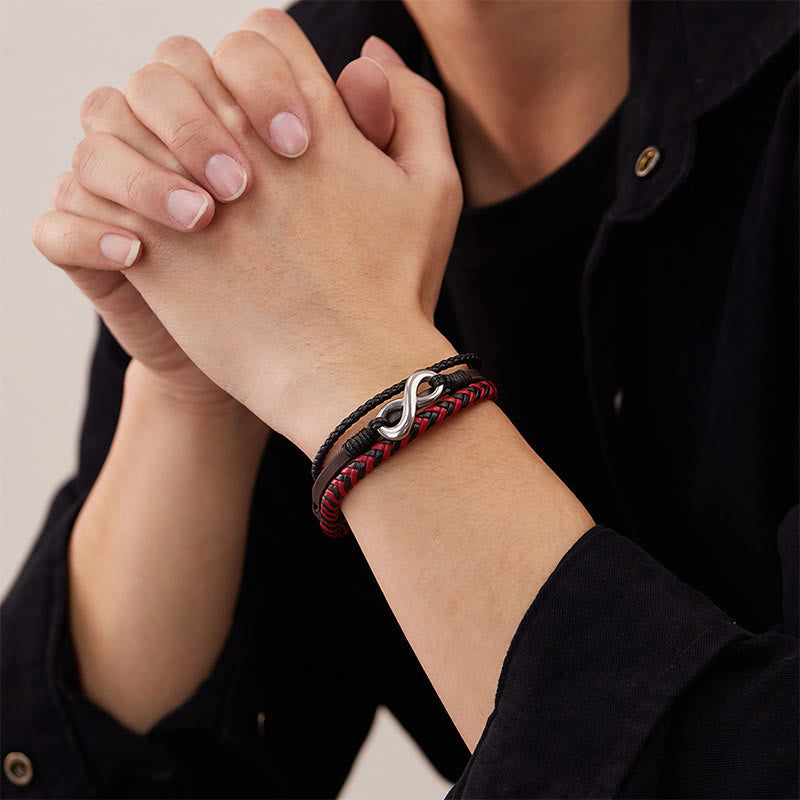 Fortune Jewel Infinitely Design Titanium Steel Braided Three-layer Leather Balance Bracelet - Fortune Jewel