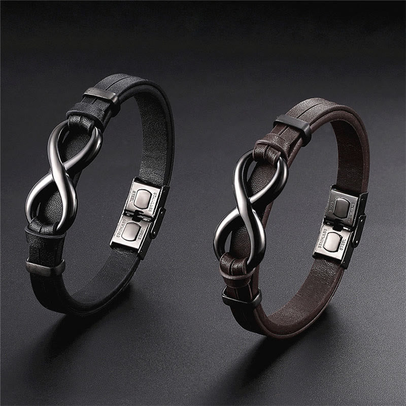 Fortune Jewel Infinitely Design Titanium Steel Single Layer Leather Balance Bracelet - Fortune Jewel