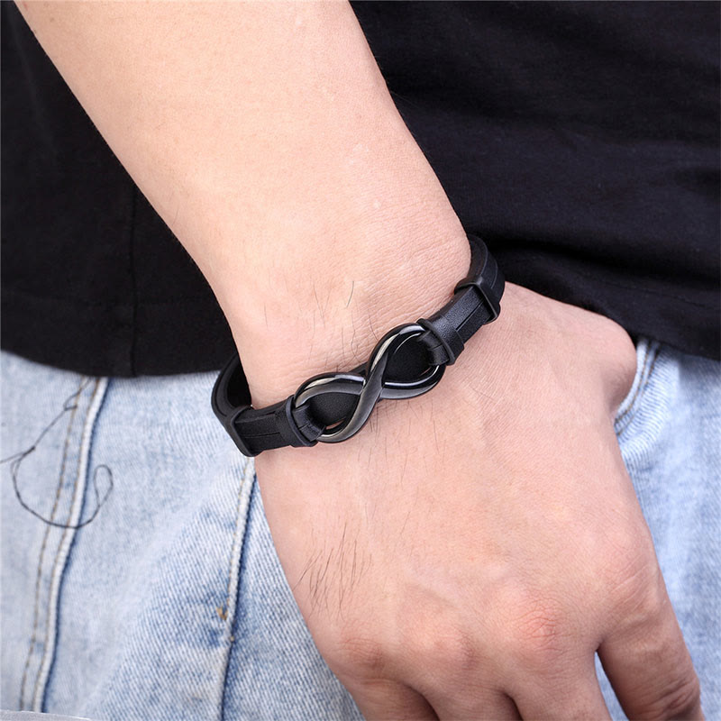 Fortune Jewel Infinitely Design Titanium Steel Single Layer Leather Balance Bracelet - Fortune Jewel