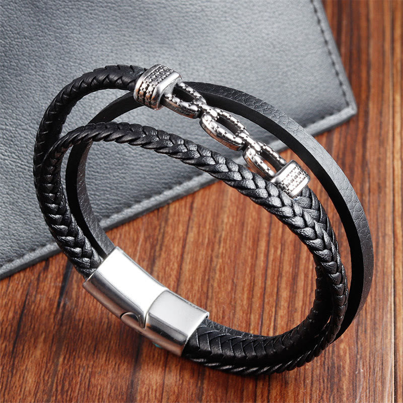 Fortune Jewel Handmade Chain Link Design Titanium Steel Leather Strengthen Bracelet - Fortune Jewel