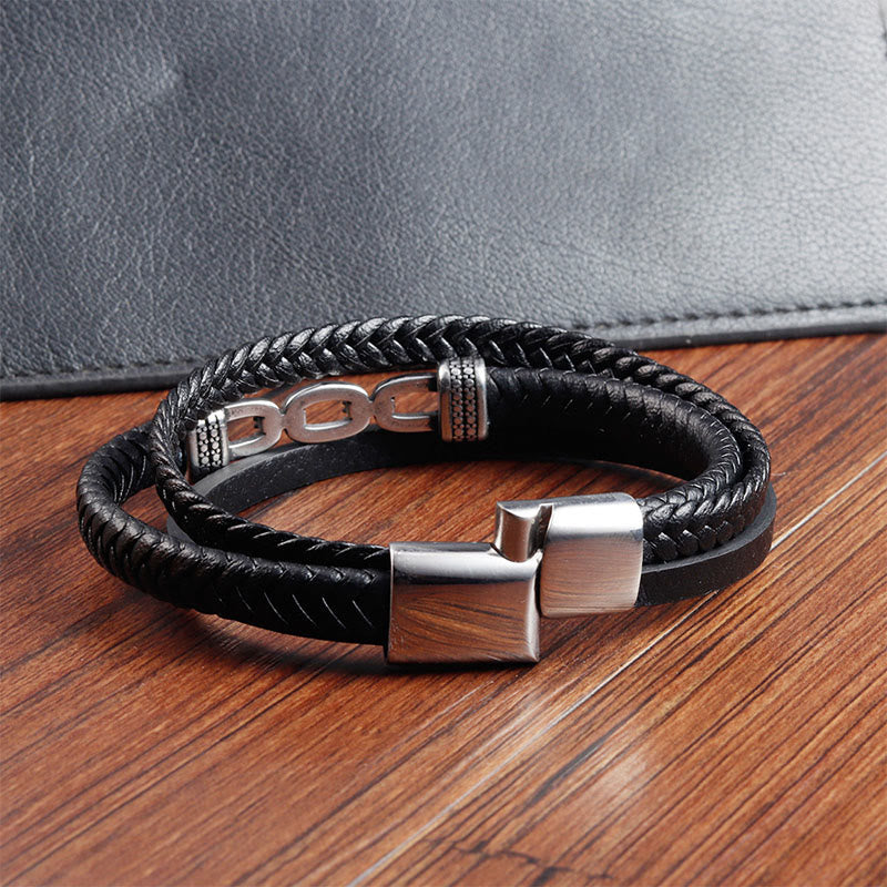 Fortune Jewel Handmade Chain Link Design Titanium Steel Leather Strengthen Bracelet - Fortune Jewel