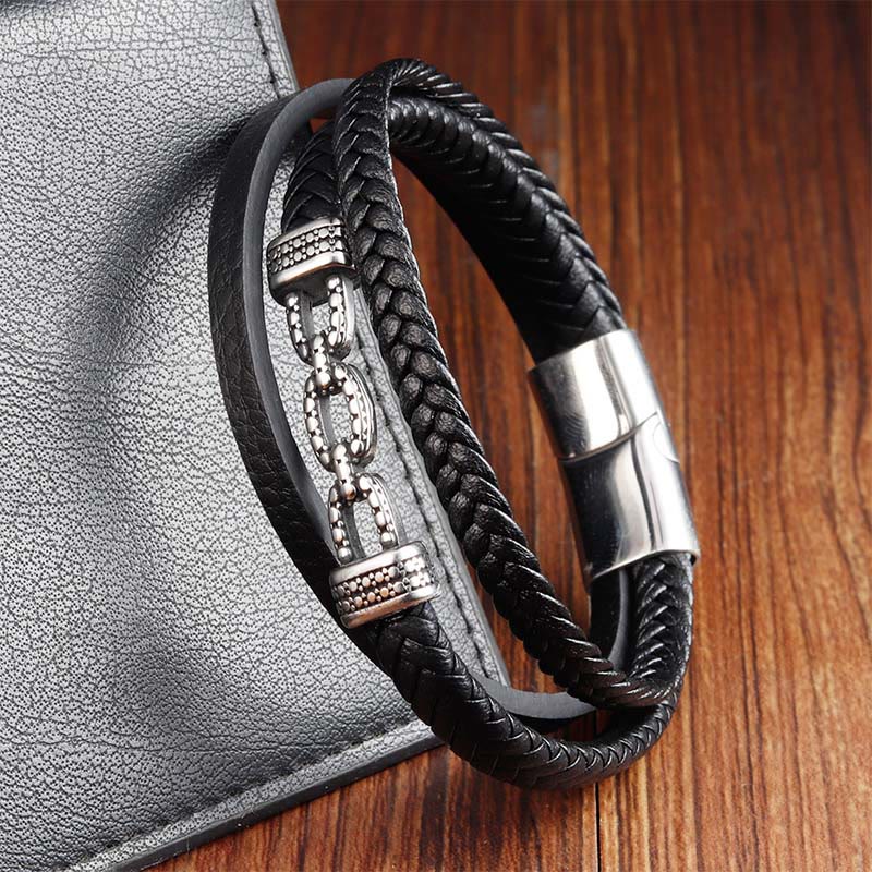 Fortune Jewel Handmade Chain Link Design Titanium Steel Leather Strengthen Bracelet - Fortune Jewel
