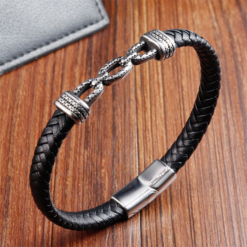 Fortune Jewel Handmade Chain Link Design Titanium Steel Leather Strengthen Bracelet - Fortune Jewel