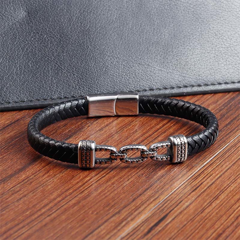 Fortune Jewel Handmade Chain Link Design Titanium Steel Leather Strengthen Bracelet - Fortune Jewel