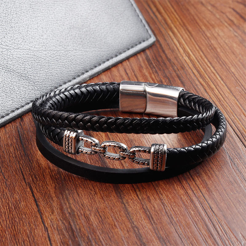 Fortune Jewel Handmade Chain Link Design Titanium Steel Leather Strengthen Bracelet - Fortune Jewel