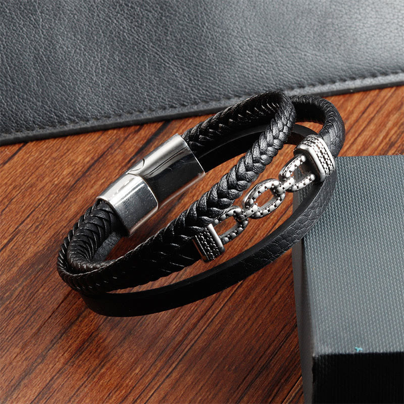Fortune Jewel Handmade Chain Link Design Titanium Steel Leather Strengthen Bracelet - Fortune Jewel