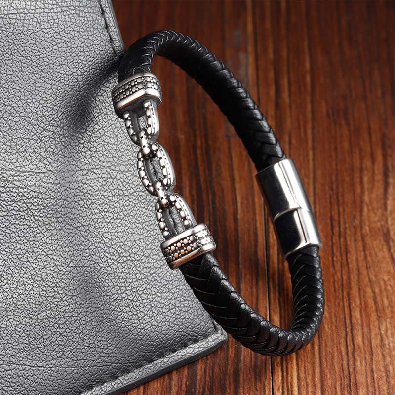 Fortune Jewel Handmade Chain Link Design Titanium Steel Leather Strengthen Bracelet - Fortune Jewel
