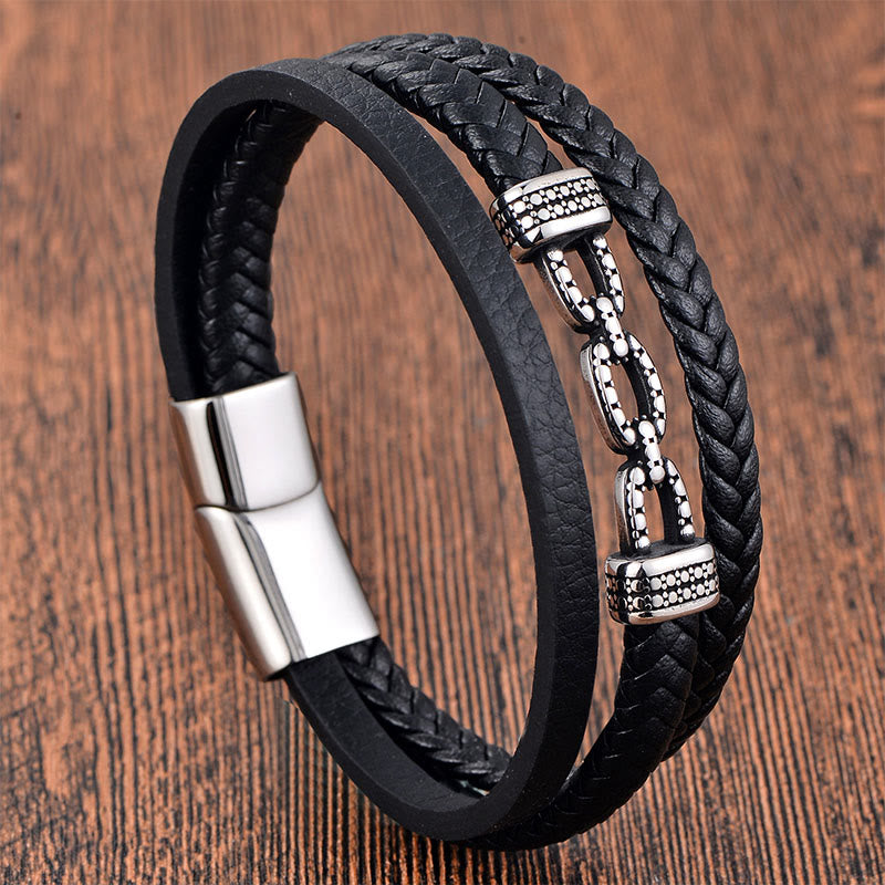 Fortune Jewel Handmade Chain Link Design Titanium Steel Leather Strengthen Bracelet - Fortune Jewel