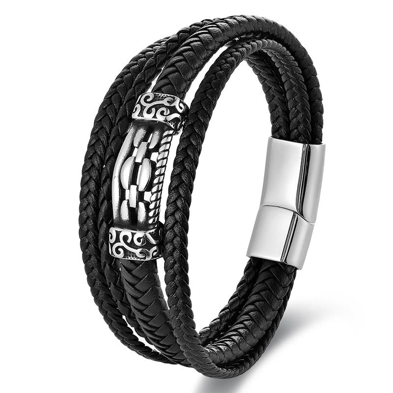 Fortune Jewel Chain Link Design Titanium Steel Multi-layer Leather Balance Braided Bracelet - Fortune Jewel