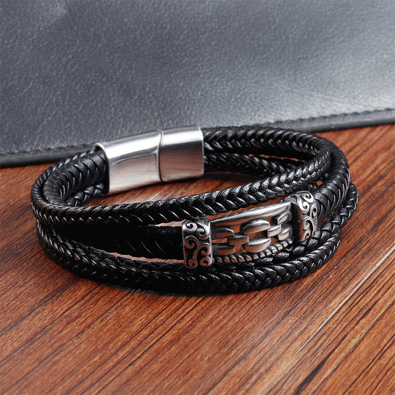 Fortune Jewel Chain Link Design Titanium Steel Multi-layer Leather Balance Braided Bracelet - Fortune Jewel