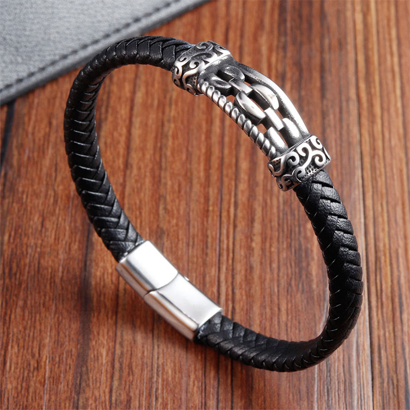 Fortune Jewel Chain Link Design Titanium Steel Multi-layer Leather Balance Braided Bracelet - Fortune Jewel
