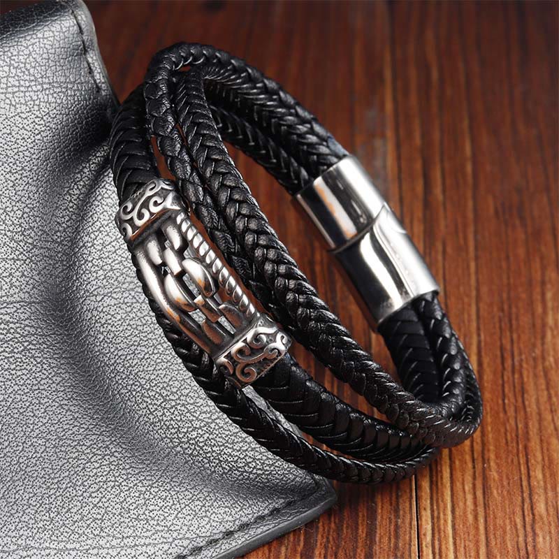 Fortune Jewel Chain Link Design Titanium Steel Multi-layer Leather Balance Braided Bracelet - Fortune Jewel