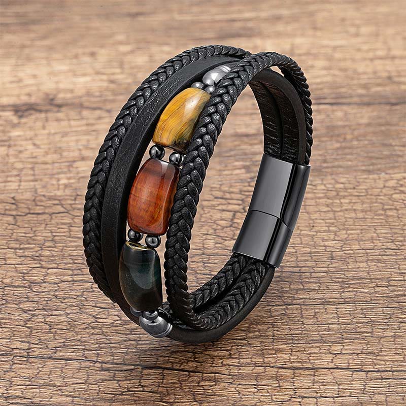 Fortune Jewel Natural Tiger Eye Green Tiger Eye Red Tiger Eye Leather Strengthen Bracelet - Fortune Jewel