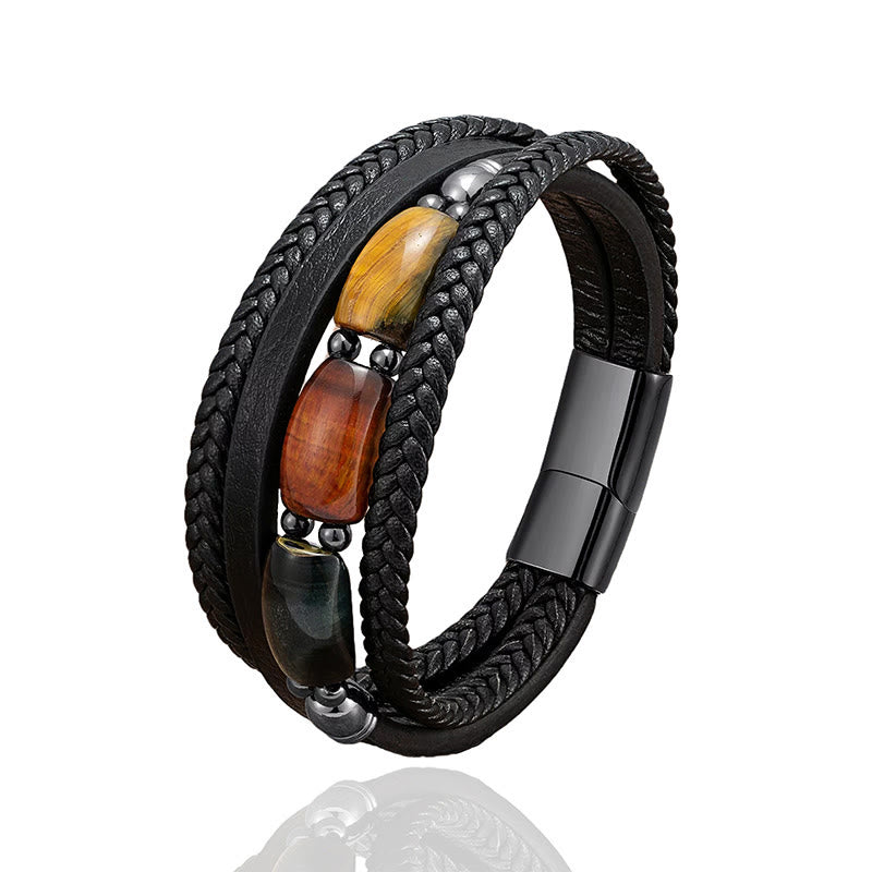 Fortune Jewel Natural Tiger Eye Green Tiger Eye Red Tiger Eye Leather Strengthen Bracelet - Fortune Jewel