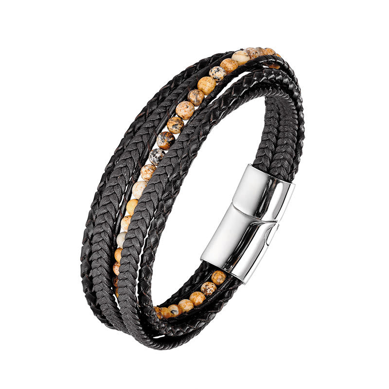 Fortune Jewel Hematite Indian Agate Tiger Eye Amazonite Beaded Leather Strengthen Bracelet - Fortune Jewel