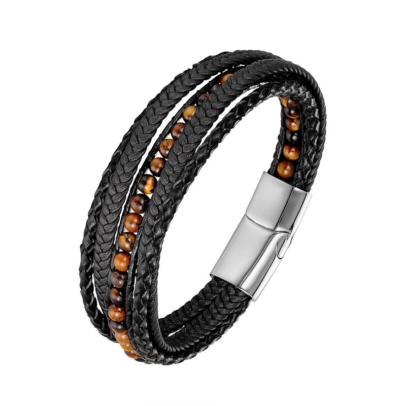 Fortune Jewel Hematite Indian Agate Tiger Eye Amazonite Beaded Leather Strengthen Bracelet - Fortune Jewel