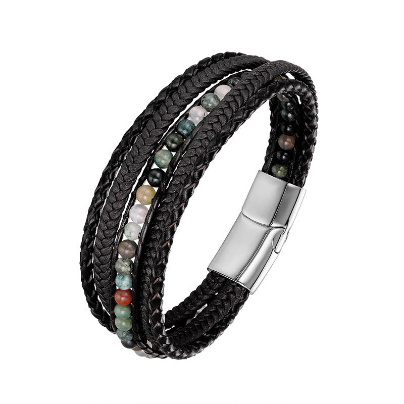 Fortune Jewel Hematite Indian Agate Tiger Eye Amazonite Beaded Leather Strengthen Bracelet - Fortune Jewel