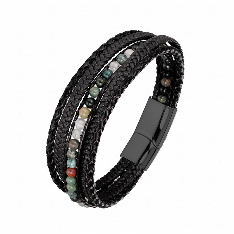 Fortune Jewel Hematite Indian Agate Tiger Eye Amazonite Beaded Leather Strengthen Bracelet - Fortune Jewel