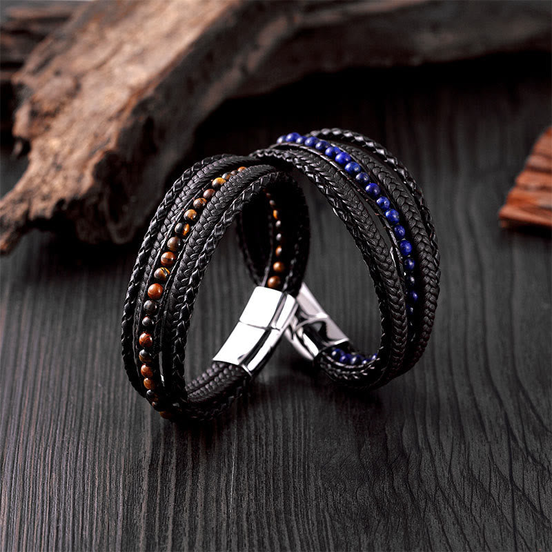 Fortune Jewel Hematite Indian Agate Tiger Eye Amazonite Beaded Leather Strengthen Bracelet - Fortune Jewel