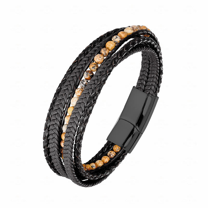 Fortune Jewel Hematite Indian Agate Tiger Eye Amazonite Beaded Leather Strengthen Bracelet - Fortune Jewel