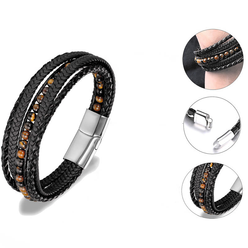 Fortune Jewel Hematite Indian Agate Tiger Eye Amazonite Beaded Leather Strengthen Bracelet - Fortune Jewel