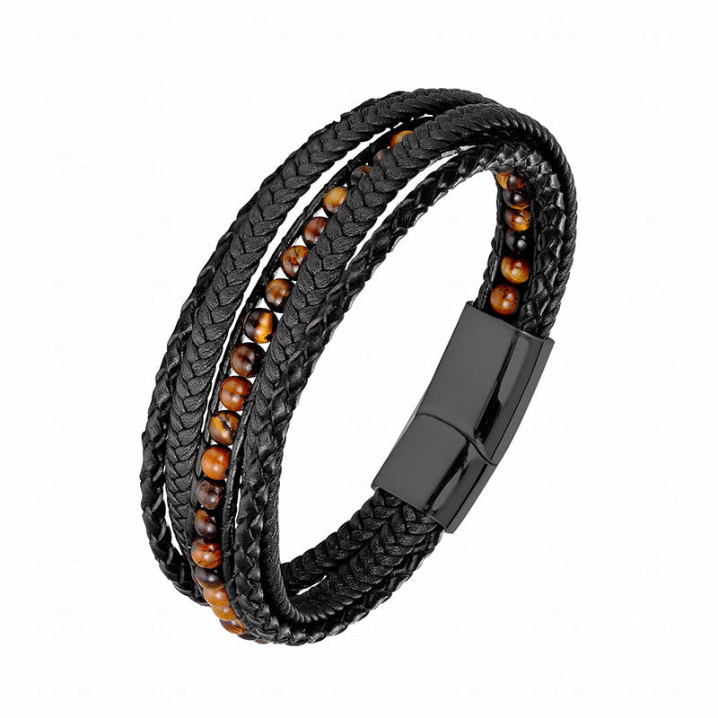 Fortune Jewel Hematite Indian Agate Tiger Eye Amazonite Beaded Leather Strengthen Bracelet - Fortune Jewel