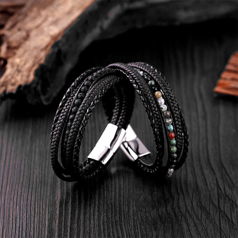 Fortune Jewel Hematite Indian Agate Tiger Eye Amazonite Beaded Leather Strengthen Bracelet - Fortune Jewel