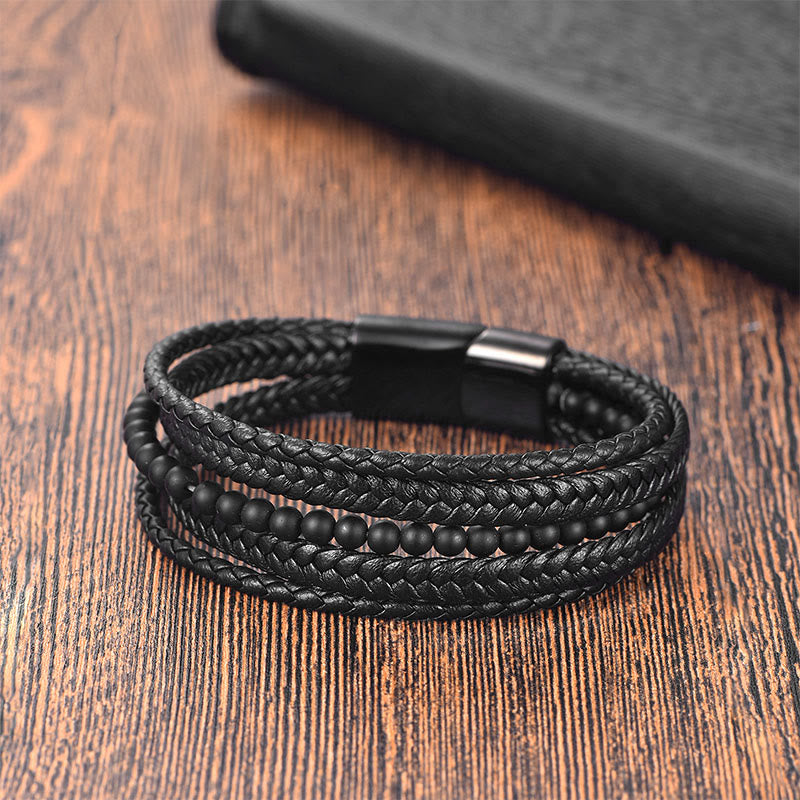 Fortune Jewel Matte Frosting Black Onyx Leather Fortune Multilayered Braided Bracelet - Fortune Jewel