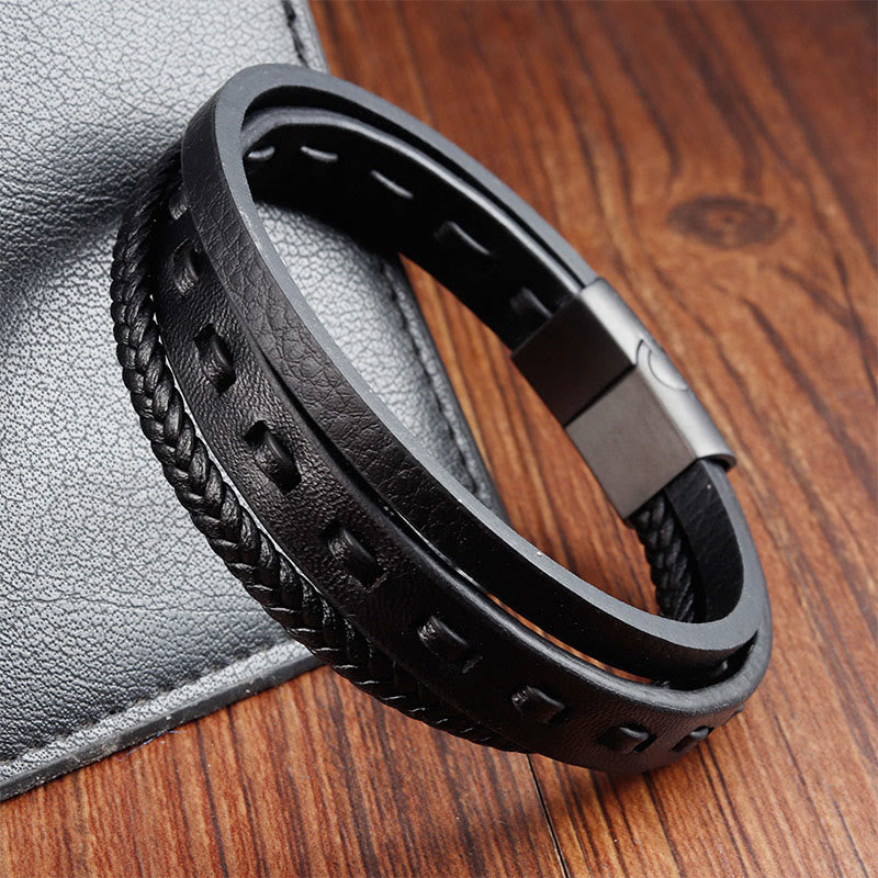 Fortune Jewel Titanium Steel Buckle Multilayered Braided Leather Calm Bracelet - Fortune Jewel