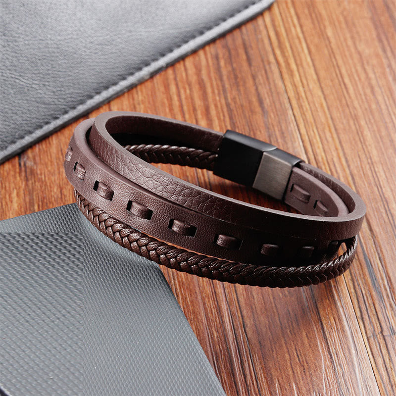 Fortune Jewel Titanium Steel Buckle Multilayered Braided Leather Calm Bracelet - Fortune Jewel