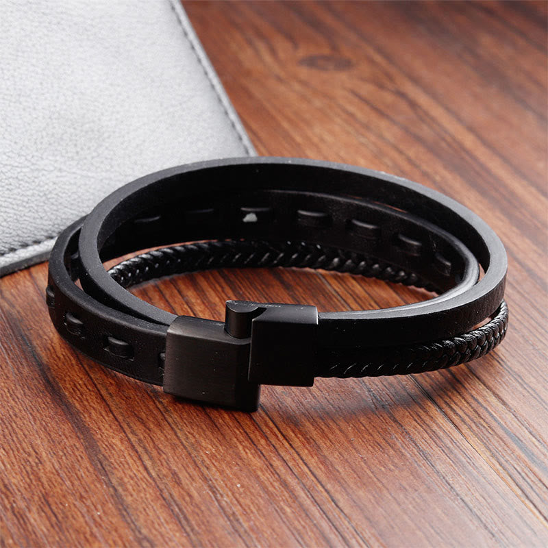 Fortune Jewel Titanium Steel Buckle Multilayered Braided Leather Calm Bracelet - Fortune Jewel