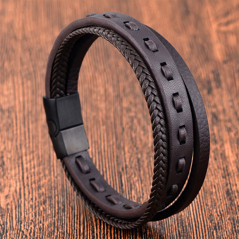 Fortune Jewel Titanium Steel Buckle Multilayered Braided Leather Calm Bracelet - Fortune Jewel