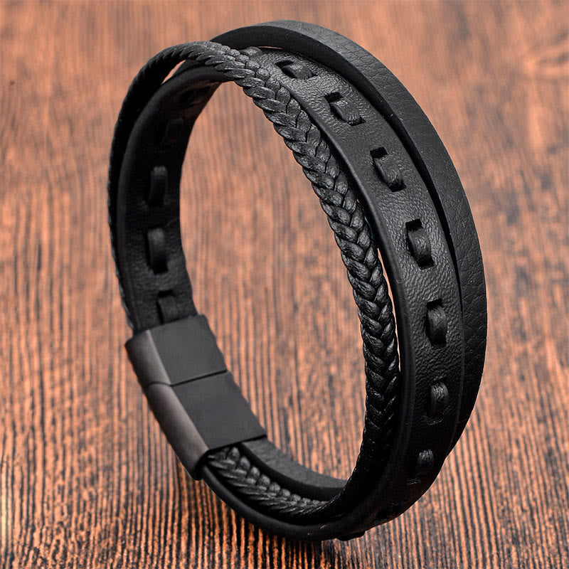 Fortune Jewel Titanium Steel Buckle Multilayered Braided Leather Calm Bracelet - Fortune Jewel