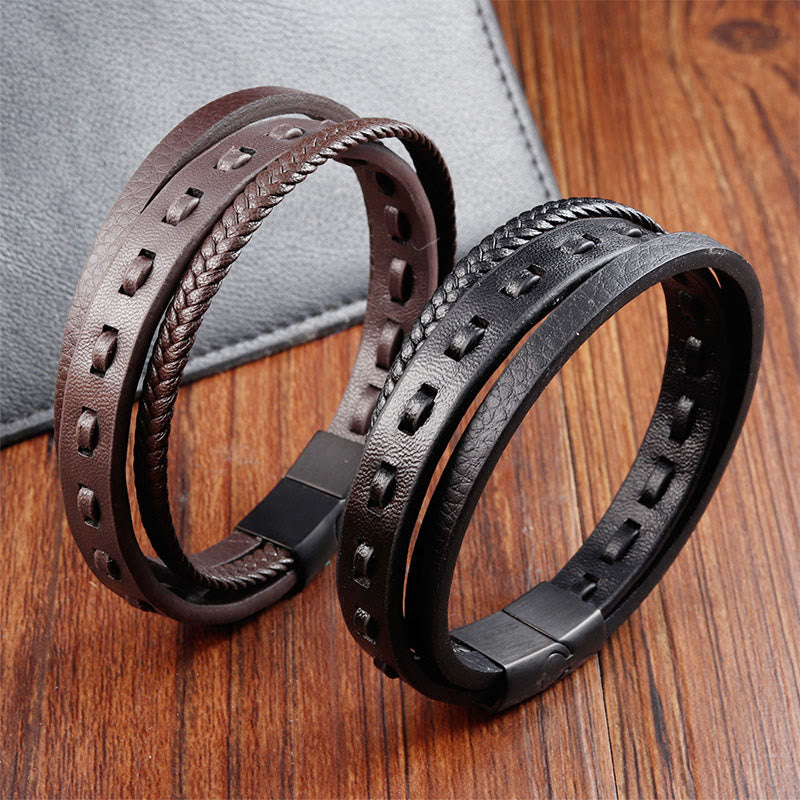 Fortune Jewel Titanium Steel Buckle Multilayered Braided Leather Calm Bracelet - Fortune Jewel