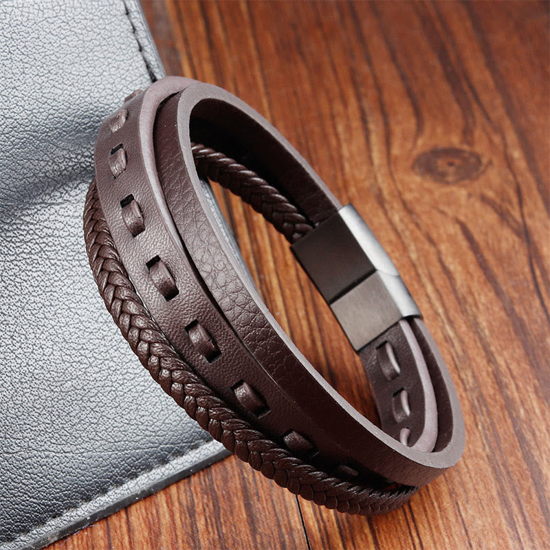 Fortune Jewel Titanium Steel Buckle Multilayered Braided Leather Calm Bracelet - Fortune Jewel