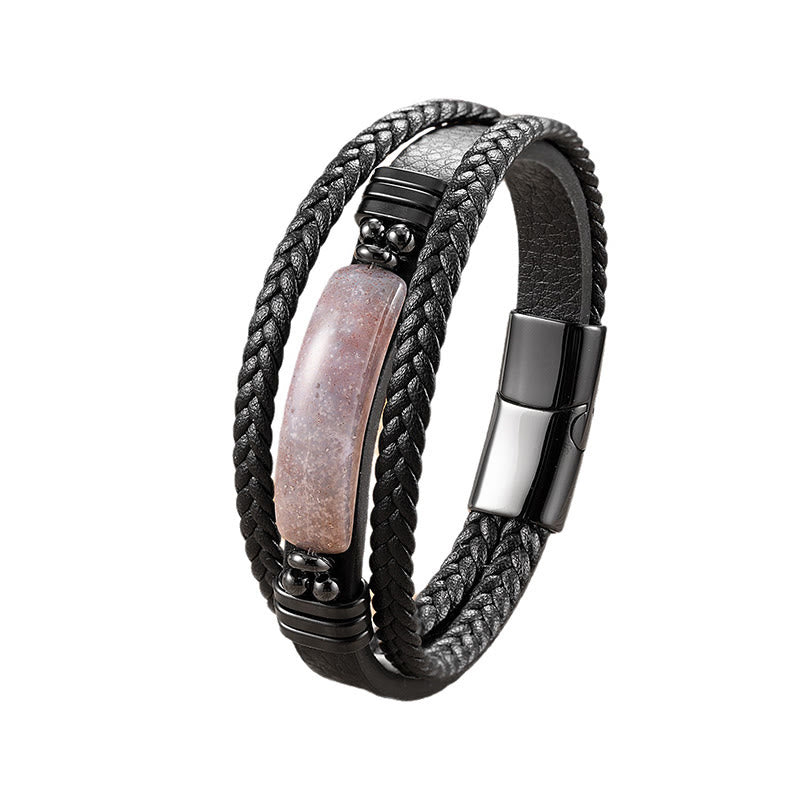 Fortune Jewel Hematite Lazurite Lapis Lazuli Black Glitter Stone Pink Crystal Titanium Steel Leather Strengthen Bracelet - Fortune Jewel