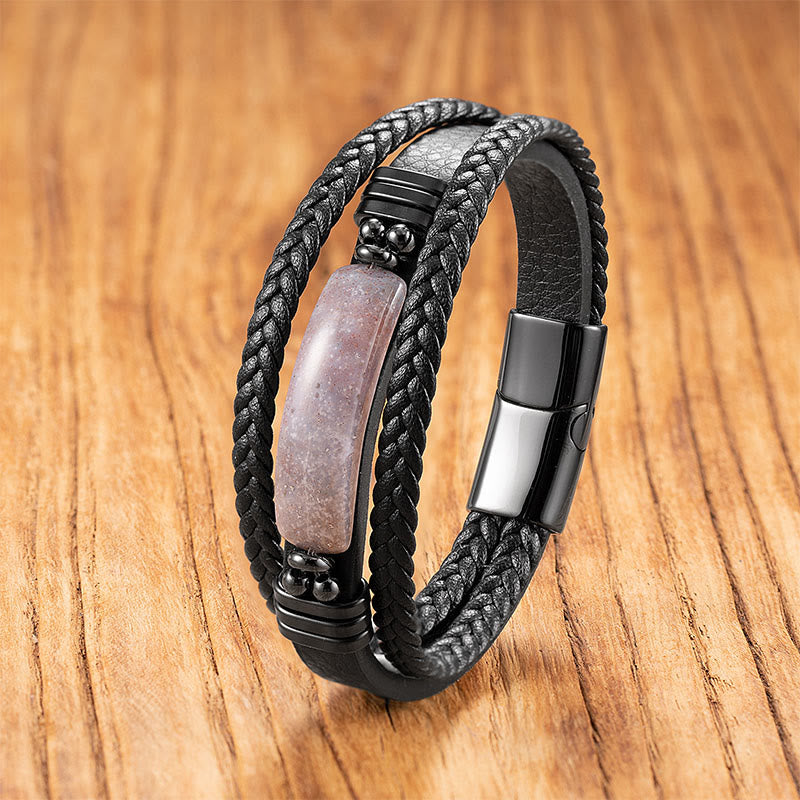 Fortune Jewel Hematite Lazurite Lapis Lazuli Black Glitter Stone Pink Crystal Titanium Steel Leather Strengthen Bracelet - Fortune Jewel