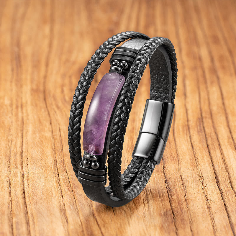 Fortune Jewel Hematite Lazurite Lapis Lazuli Black Glitter Stone Pink Crystal Titanium Steel Leather Strengthen Bracelet - Fortune Jewel