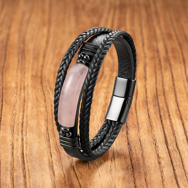 Fortune Jewel Hematite Lazurite Lapis Lazuli Black Glitter Stone Pink Crystal Titanium Steel Leather Strengthen Bracelet - Fortune Jewel