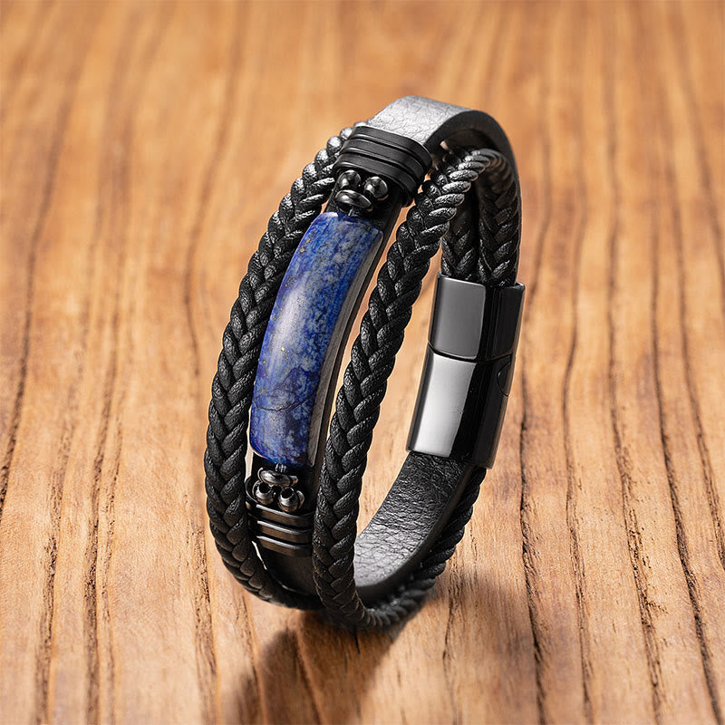 Fortune Jewel Hematite Lazurite Lapis Lazuli Black Glitter Stone Pink Crystal Titanium Steel Leather Strengthen Bracelet - Fortune Jewel