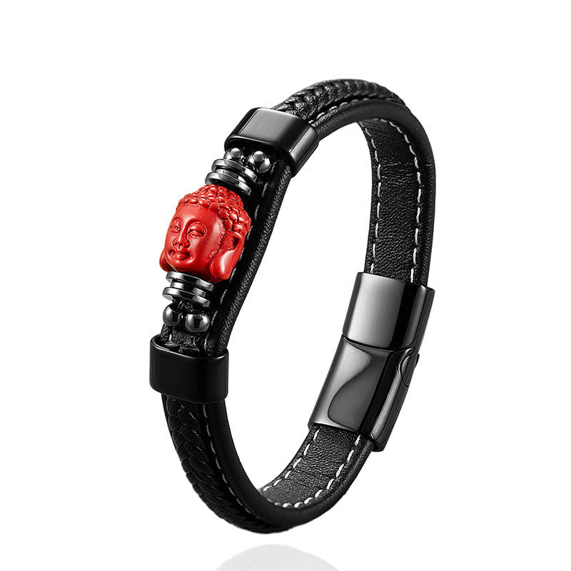 Fortune Jewel Cinnabar Buddha Symbol Koi Fish Dragon Fu Character Pi Xiu Design Leather Blessing Bracelet - Fortune Jewel