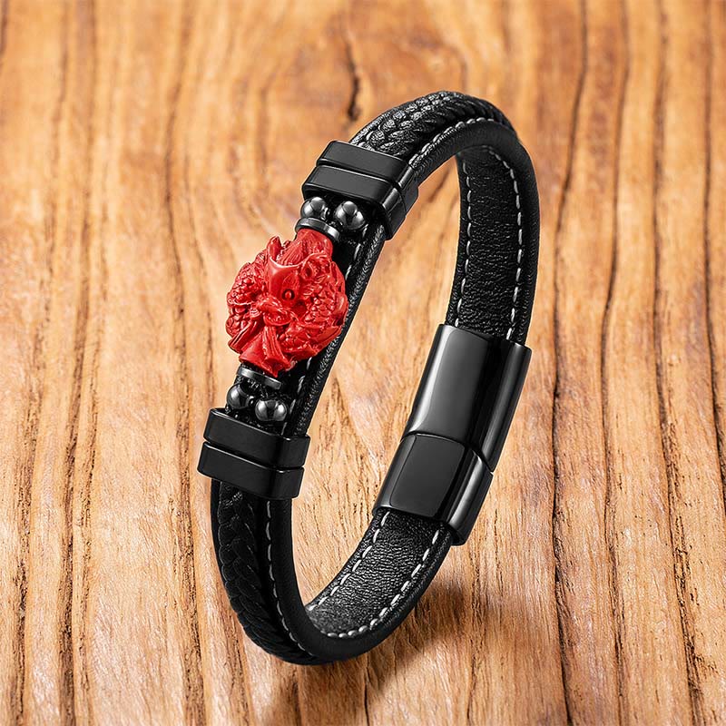 Fortune Jewel Cinnabar Buddha Symbol Koi Fish Dragon Fu Character Pi Xiu Design Leather Blessing Bracelet - Fortune Jewel