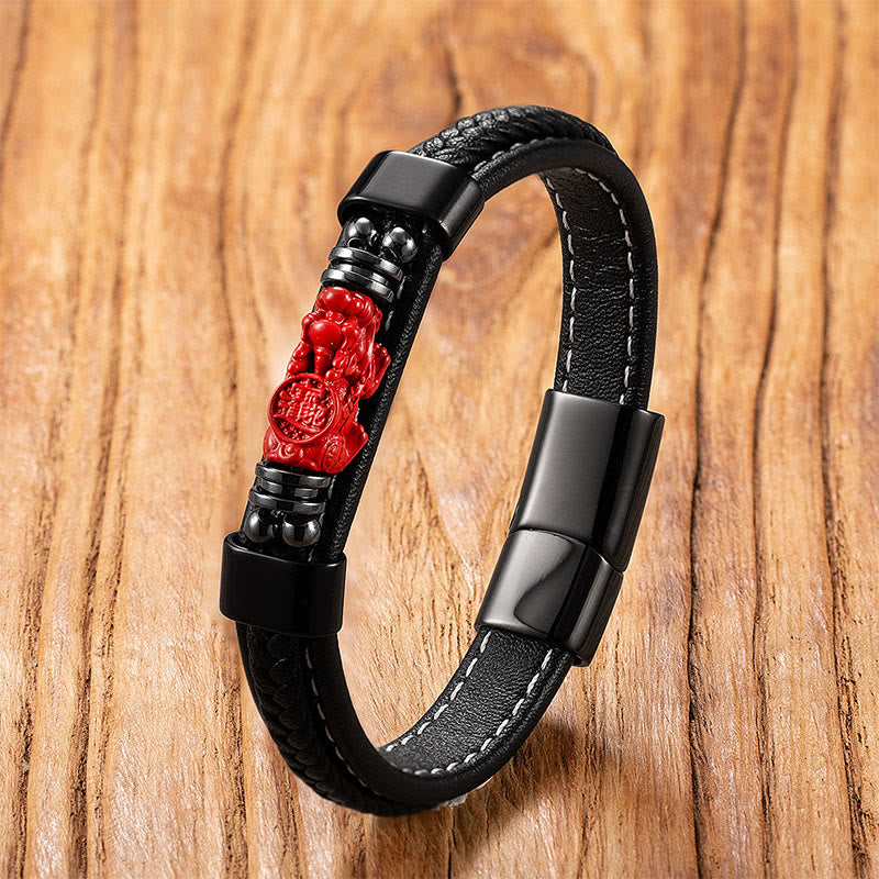 Fortune Jewel Cinnabar Buddha Symbol Koi Fish Dragon Fu Character Pi Xiu Design Leather Blessing Bracelet - Fortune Jewel