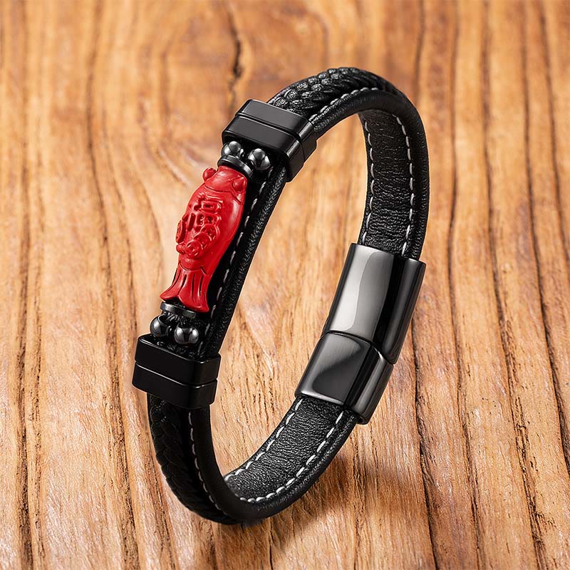 Fortune Jewel Cinnabar Buddha Symbol Koi Fish Dragon Fu Character Pi Xiu Design Leather Blessing Bracelet - Fortune Jewel