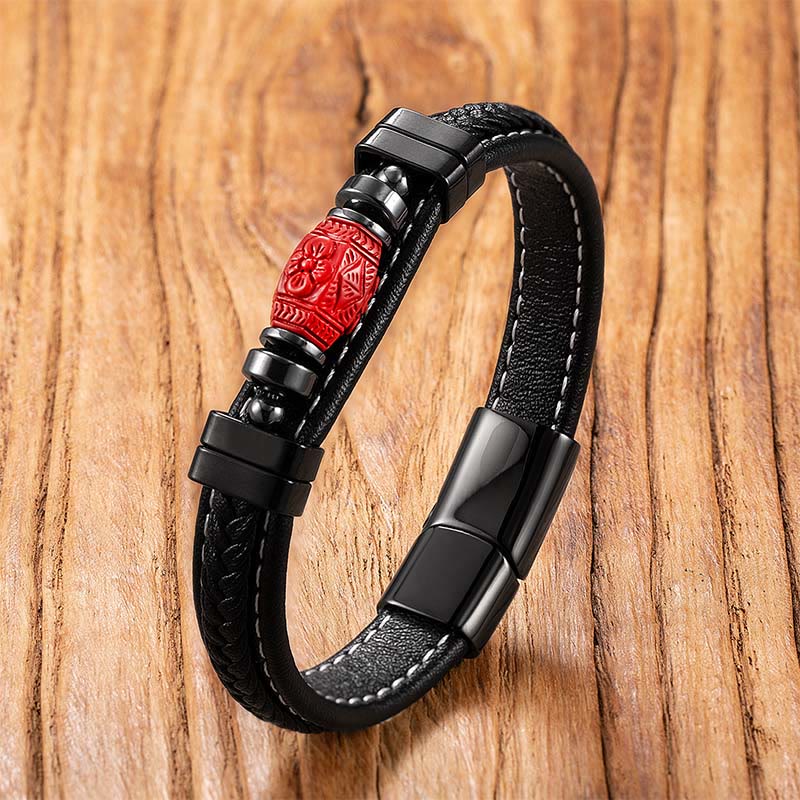 Fortune Jewel Cinnabar Buddha Symbol Koi Fish Dragon Fu Character Pi Xiu Design Leather Blessing Bracelet - Fortune Jewel