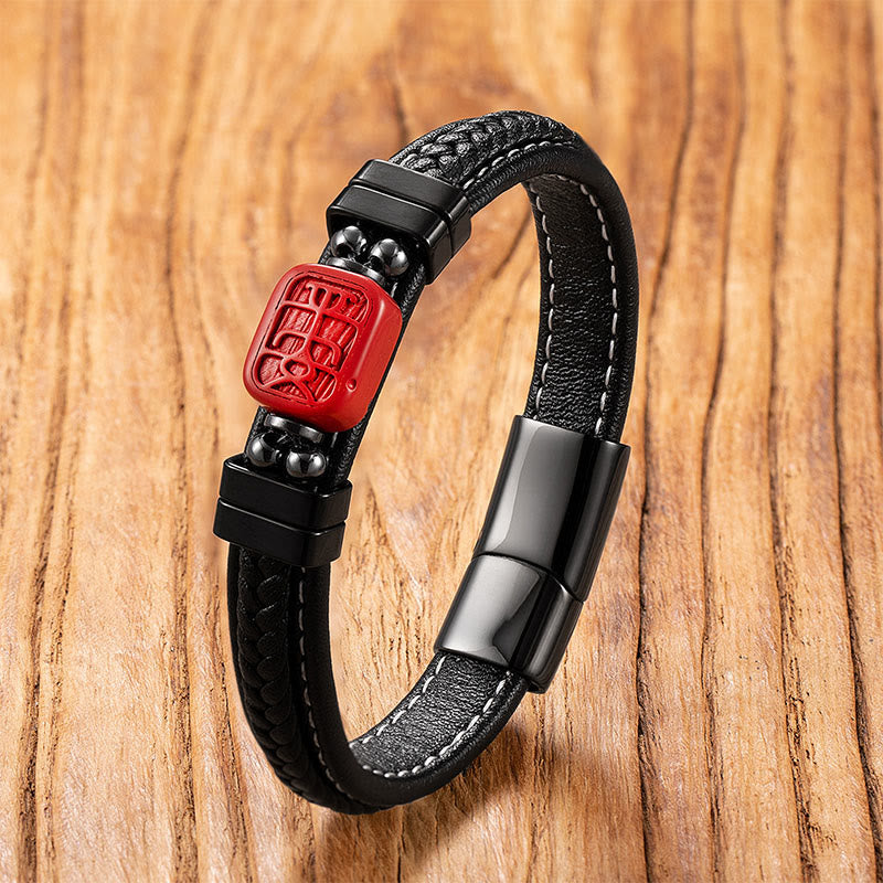 Fortune Jewel Cinnabar Buddha Symbol Koi Fish Dragon Fu Character Pi Xiu Design Leather Blessing Bracelet - Fortune Jewel