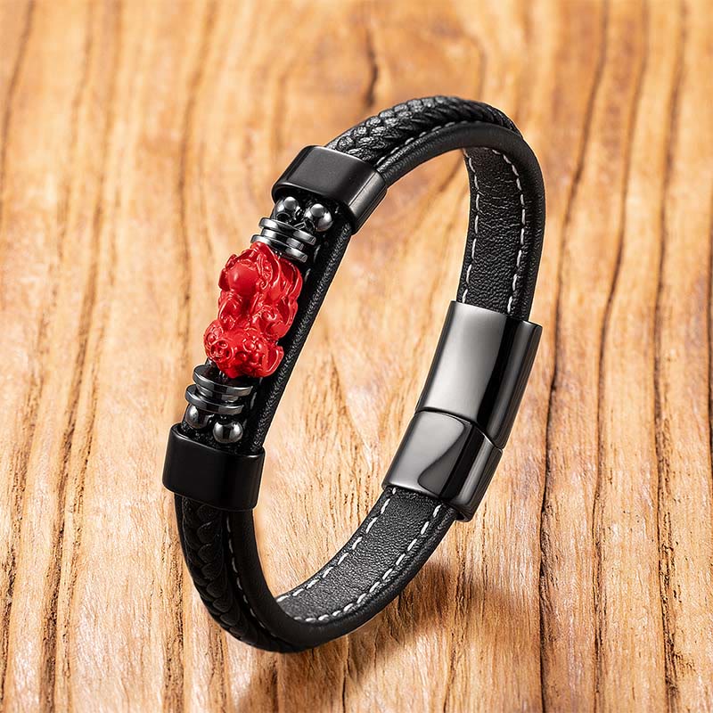 Fortune Jewel Cinnabar Buddha Symbol Koi Fish Dragon Fu Character Pi Xiu Design Leather Blessing Bracelet - Fortune Jewel