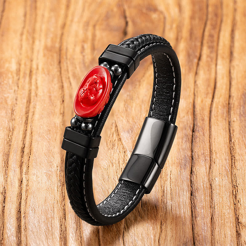 Fortune Jewel Cinnabar Buddha Symbol Koi Fish Dragon Fu Character Pi Xiu Design Leather Blessing Bracelet - Fortune Jewel